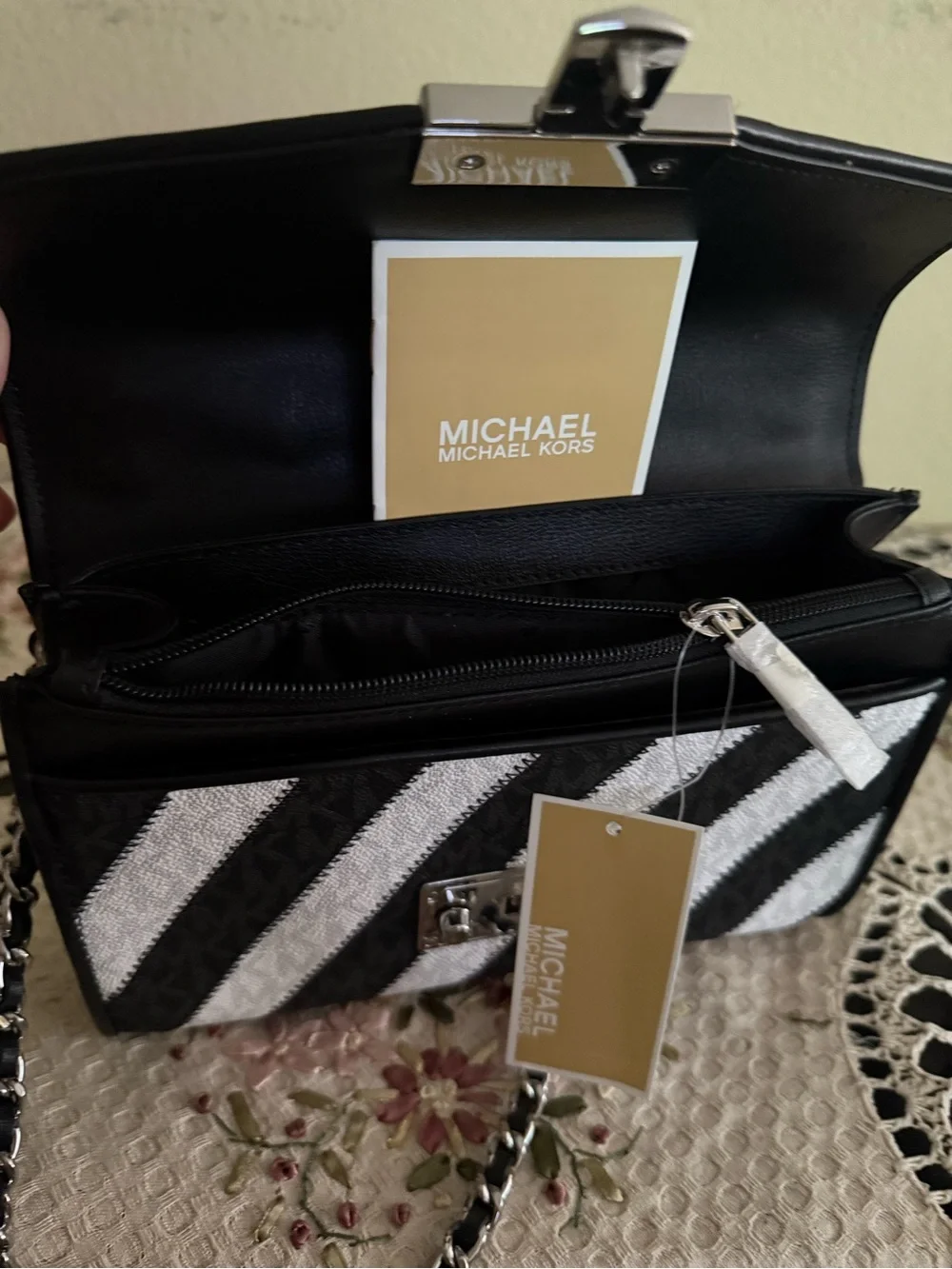 Michael Kors Black and White Diagonal Stripe Chain Shoulder Bag